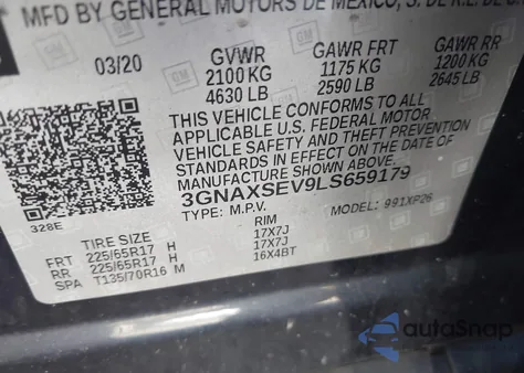 2020 Chevrolet Equinox Awd Ls из США, поврежденный, VIN 3GNAXSEV9LS659179